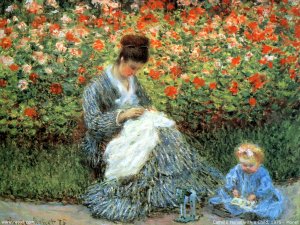 Camille Monet and a Child in the Artist's Garden in Argenteuil